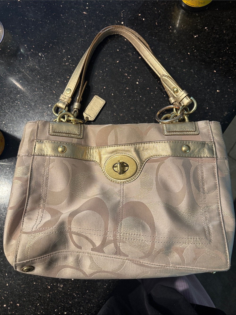 Coach Taupe Signature Tote with Gold Trim